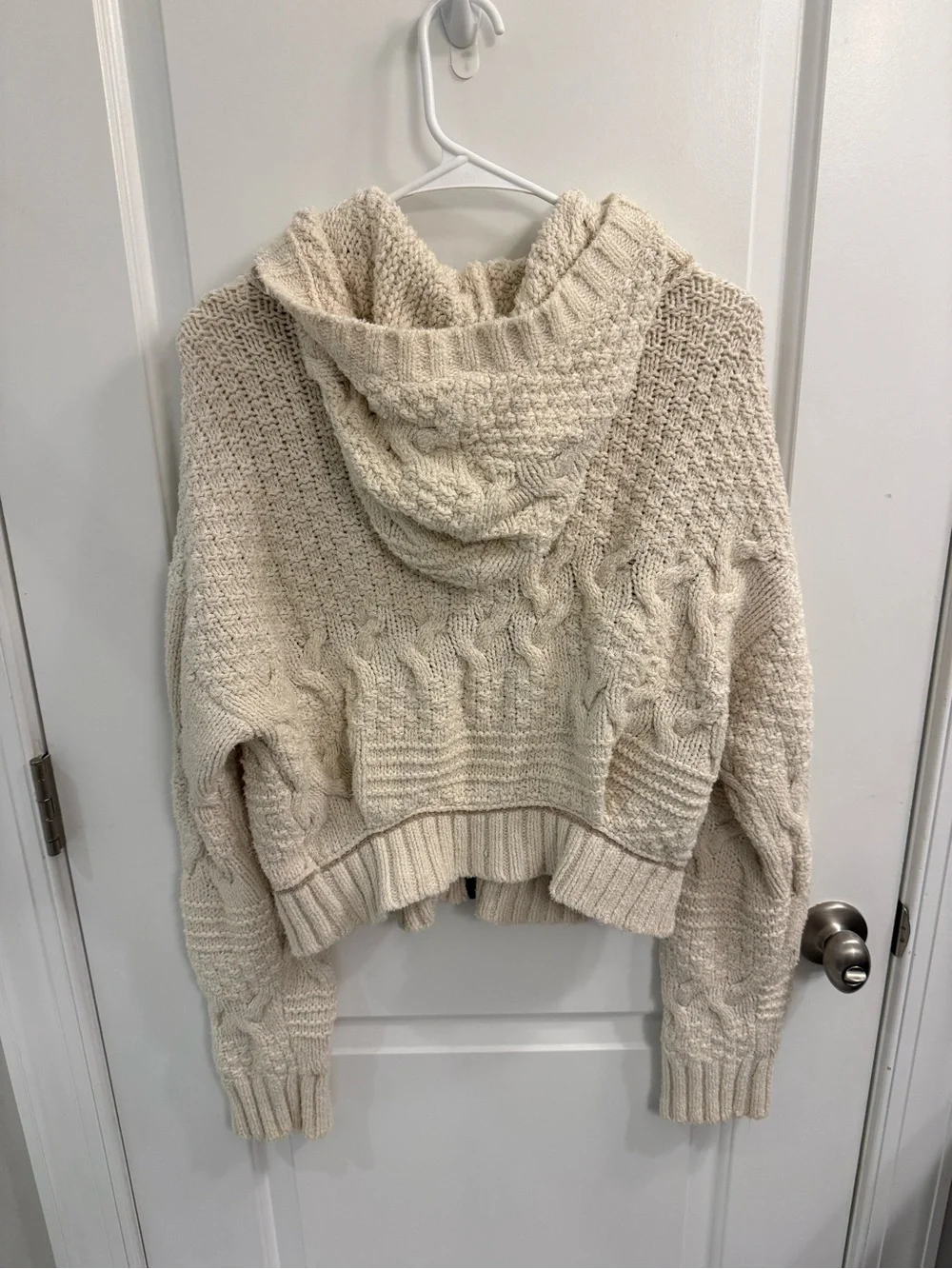 Free People Cream Hooded Cable Zip Cardigan Size L